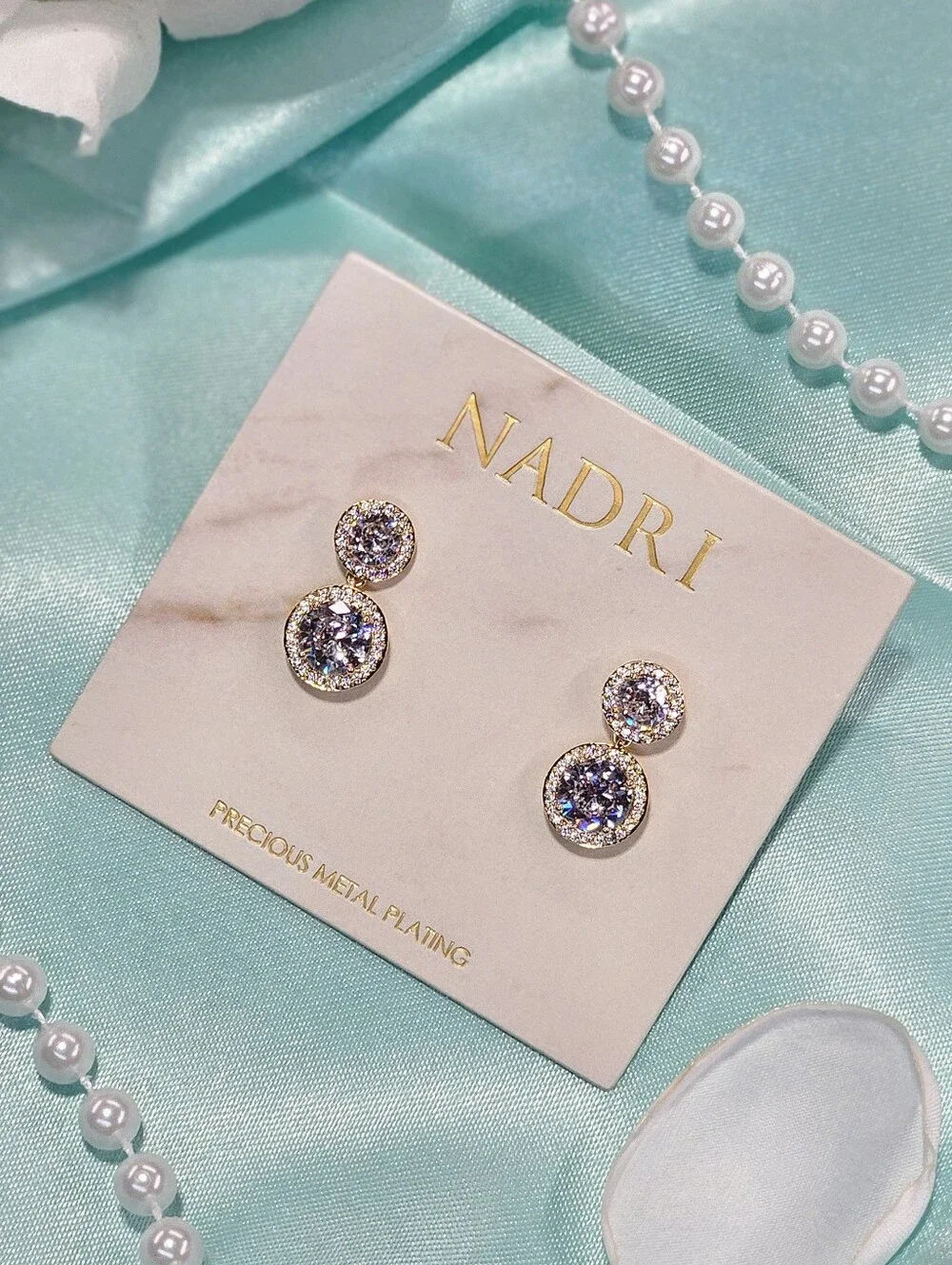 Nadri Halo Cubic Zirconia Drop Earrings Gold Precious Metal Plated Bridal Gift